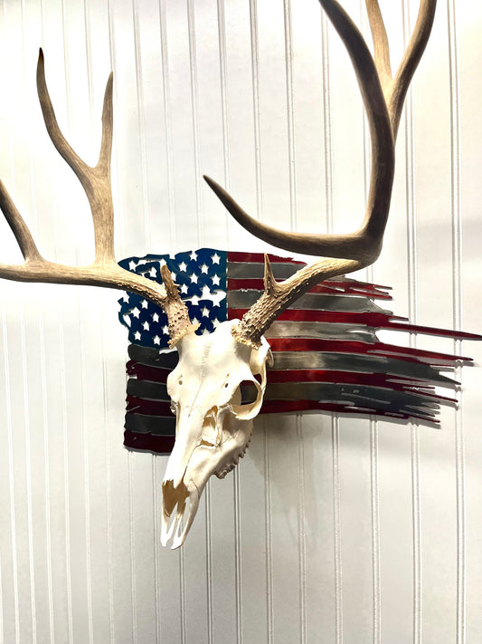 European deer mount hook- US Tattered Flag Metal Sign - Hanger - Skull hanger mount - deer - antelope - bear