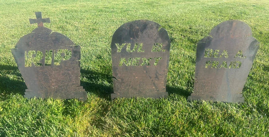 Set of 3, Tombstone Metal Halloween Gravestone marker